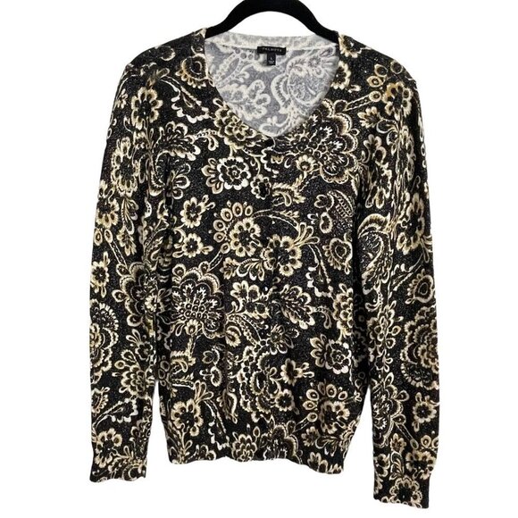 Talbots Scoop Neck Button Front Cardigan Paisley Black Gold Gold Metallic Size L - Picture 1 of 5